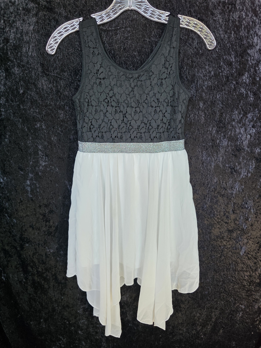 Lily Bleu Black Lace Bodice Cream Handkerchief Hem Dress